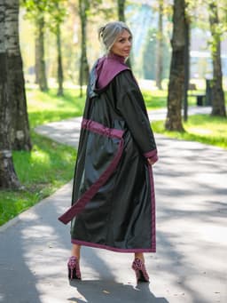 Hooded Raincoat with Belt — Cranberry