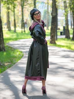 Hooded Raincoat with Belt — Cranberry