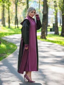 Hooded Raincoat with Belt — Cranberry