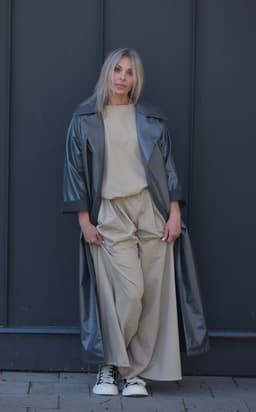 Trench Coat with Pockets, Belt & Hood Scarf — Pearl Grey