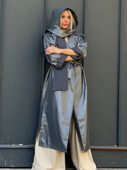 Trench Coat with Pockets, Belt & Hood Scarf — Pearl Grey