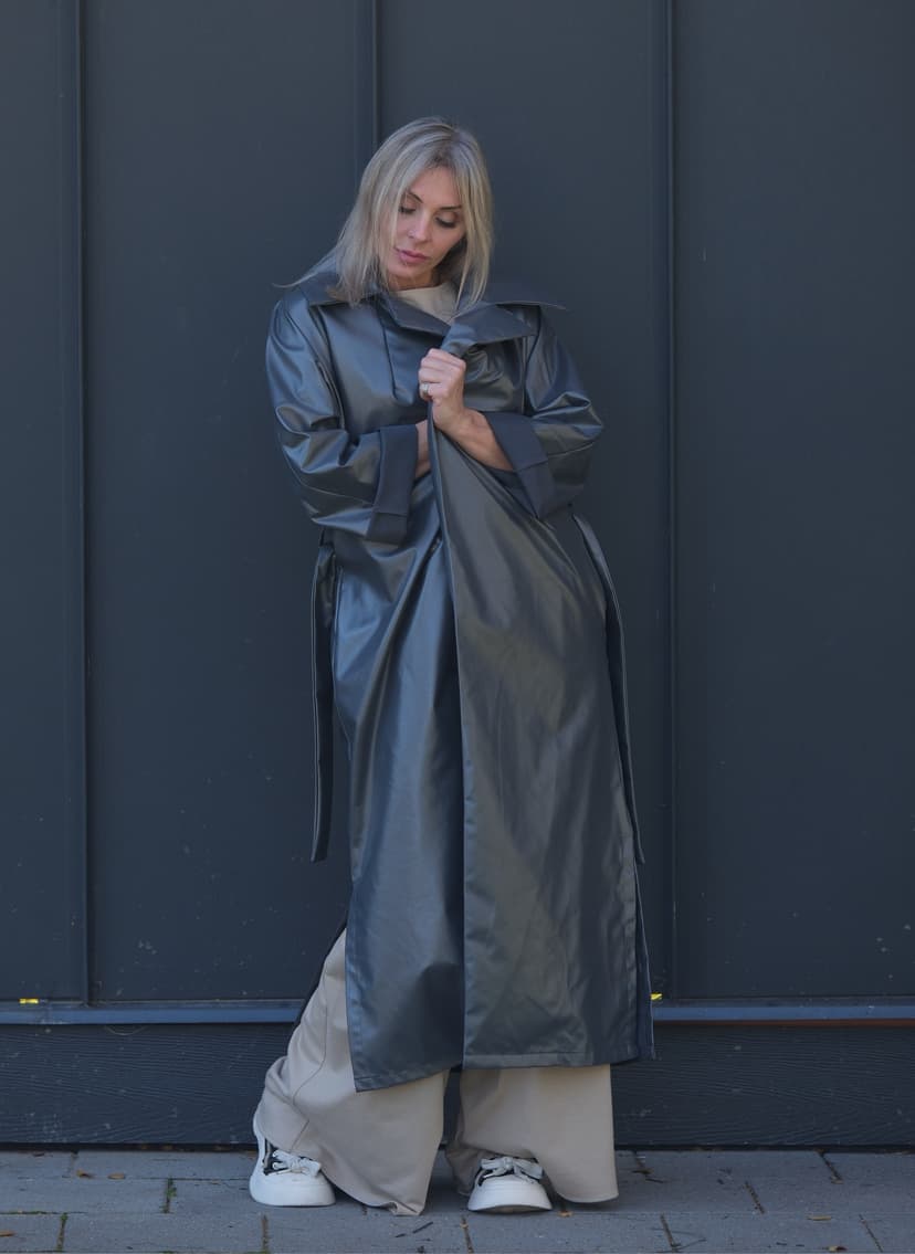 Trench Coat with Pockets, Belt & Hood Scarf — Pearl Grey