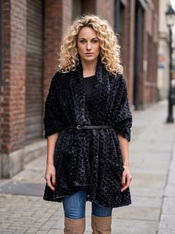 Fur Vest/Cape with Pockets and Belt — Black
