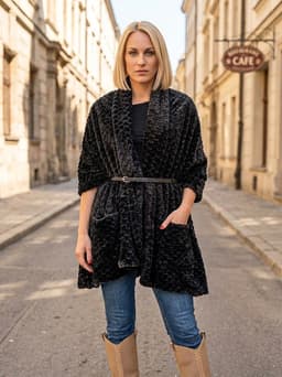 Fur Vest/Cape with Pockets and Belt — Black