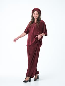 Palazzo Pants with Sash — Marbled Velvet, Burgundy