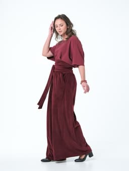 Palazzo Pants with Sash — Marbled Velvet, Burgundy