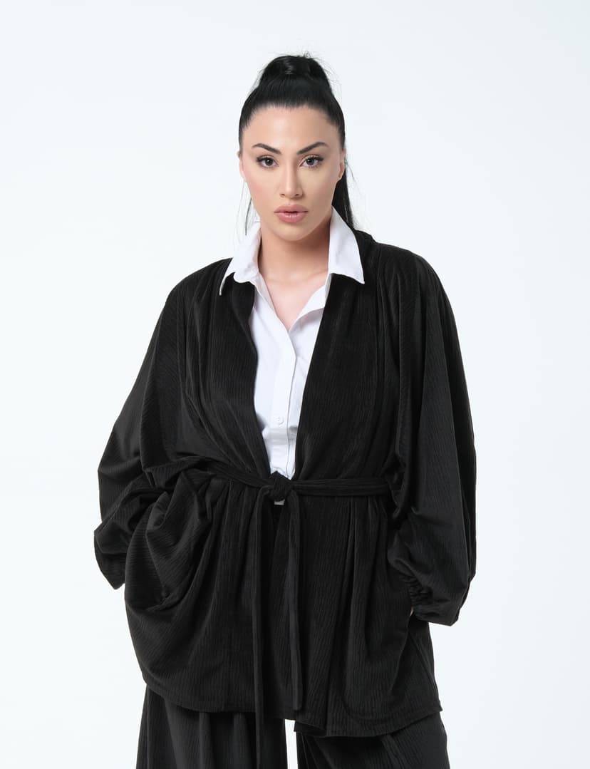 Kaftan with Belt — Marbled Velvet, Black