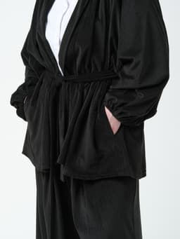 Suit: Palazzo Pants + Kaftan with Belt — Marbled Velvet, Black