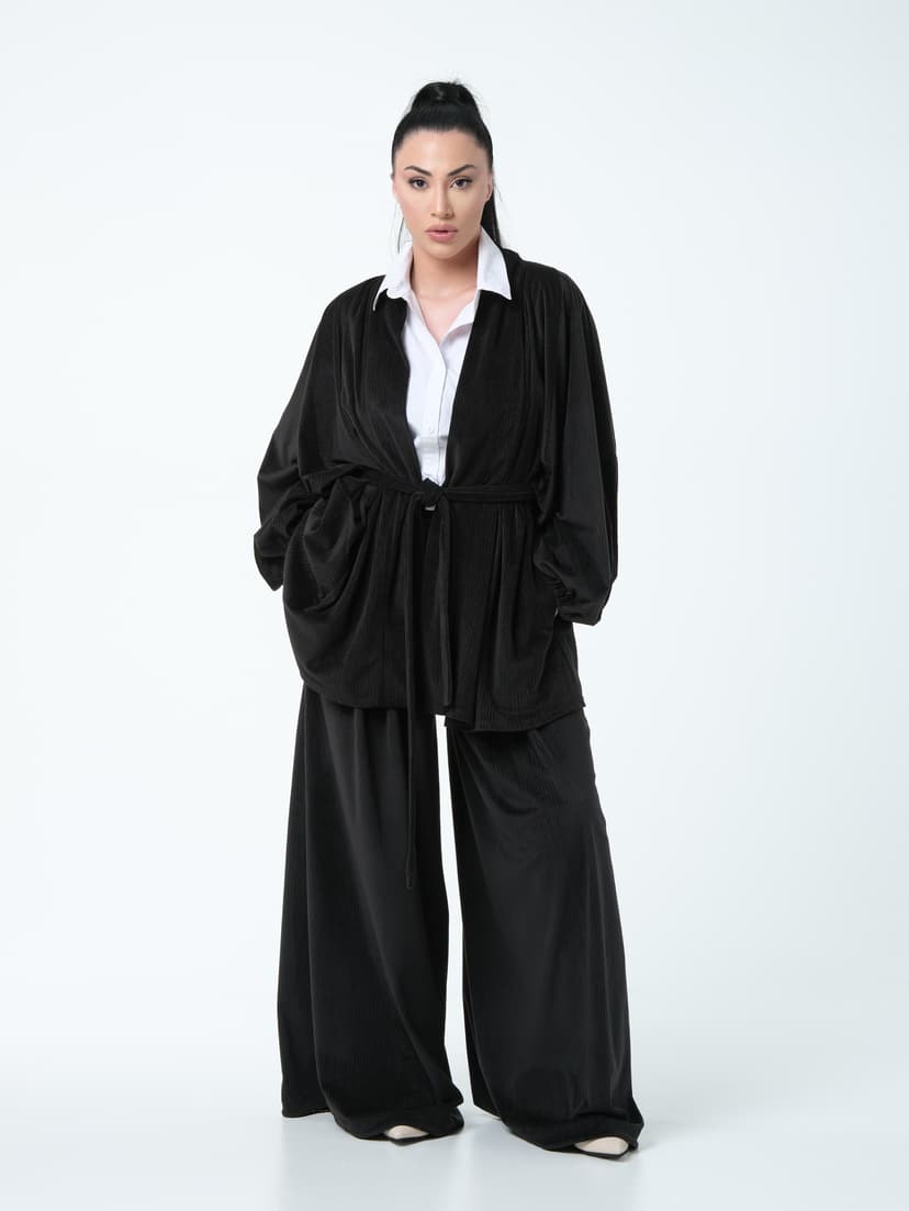 Suit: Palazzo Pants + Kaftan with Belt — Marbled Velvet, Black