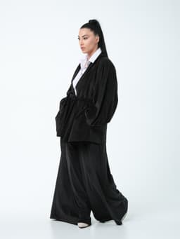 Suit: Palazzo Pants + Kaftan with Belt — Marbled Velvet, Black