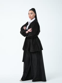 Suit: Palazzo Pants + Kaftan with Belt — Marbled Velvet, Black