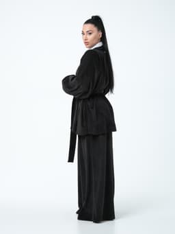 Suit: Palazzo Pants + Kaftan with Belt — Marbled Velvet, Black