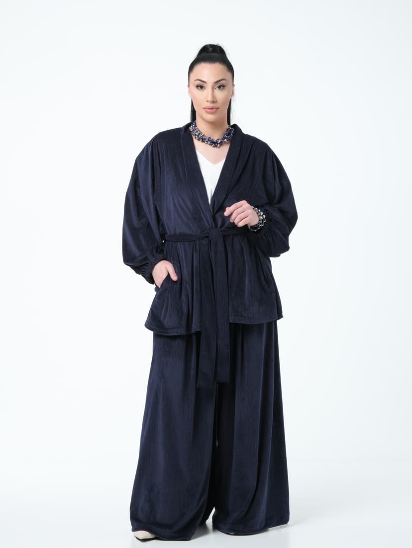 Palazzo & Kaftan Suit with Belt — Marbled Velvet, Ink Blue