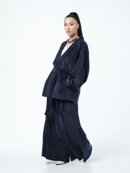 Palazzo & Kaftan Suit with Belt — Marbled Velvet, Ink Blue