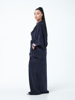 Palazzo & Kaftan Suit with Belt — Marbled Velvet, Ink Blue