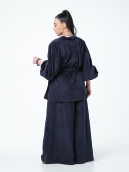 Palazzo & Kaftan Suit with Belt — Marbled Velvet, Ink Blue