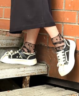 Knee-High Socks — Black Polka Dot Mesh, Flocked