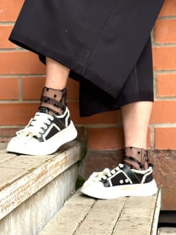 Knee-High Socks — Black Polka Dot Mesh, Flocked