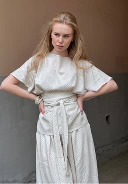 Top, Skort & Sash Set — Blue Plaid, Cream Sash