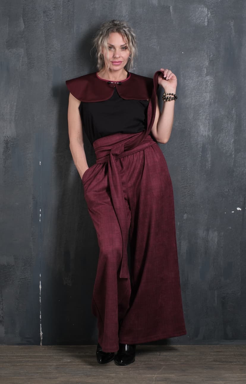 Palazzo Pants & Sash — Burgundy Plaid