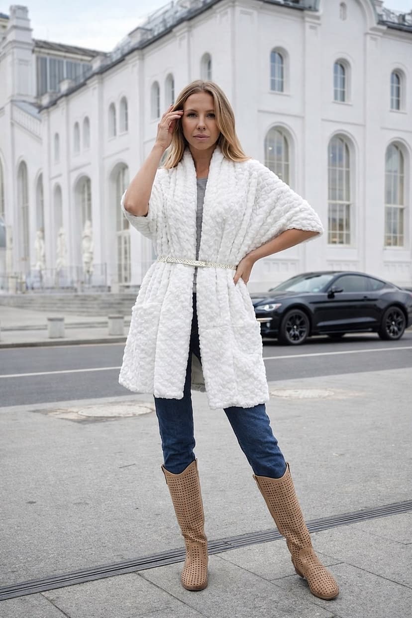 Fur Vest/Cape with Pockets and Belt — White