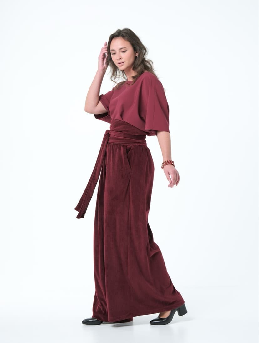 Palazzo Pants & Blouse — Marbled Velvet, Burgundy