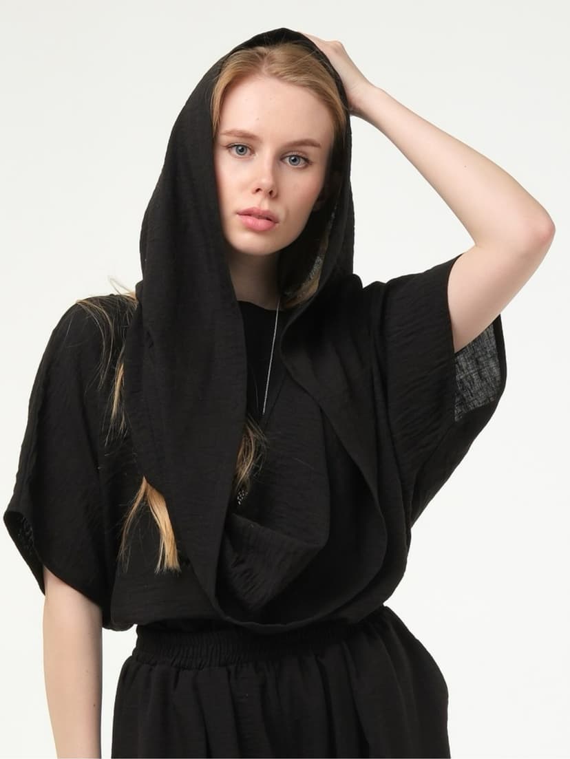Crinkled Hood Scarf — Black